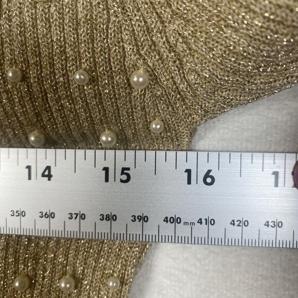 Cache Gold Metallic Pearl Embellished Mock Neck Sweater M Back Zip Beaded Knit - Picture 9 of 11